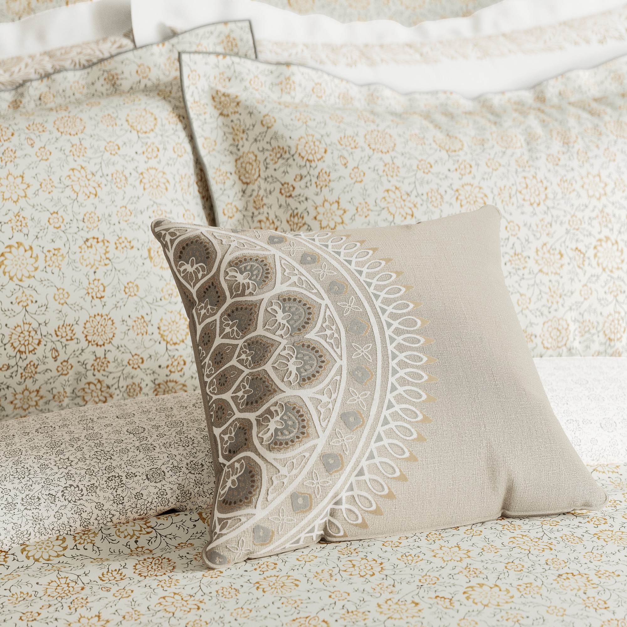 Aarya Kerala Medallion Cushion By Va In Ivory Linen